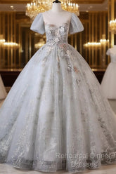 Grey Short Sleeves Tulle Ball Gown Semi Formal Prom Dress, Grey Ball Gown Sweet 16 Dress